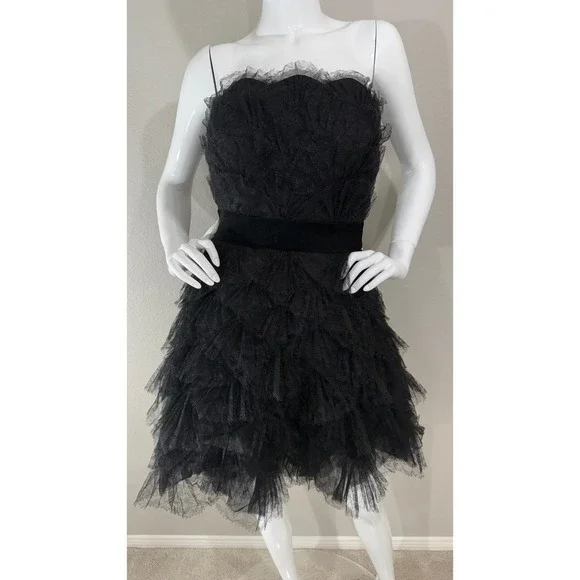 Tadashi Shoji Black Tulle Ruffled Silk Contrast Strapless Bustier Dress Sz 4 - Picture 9 of 12